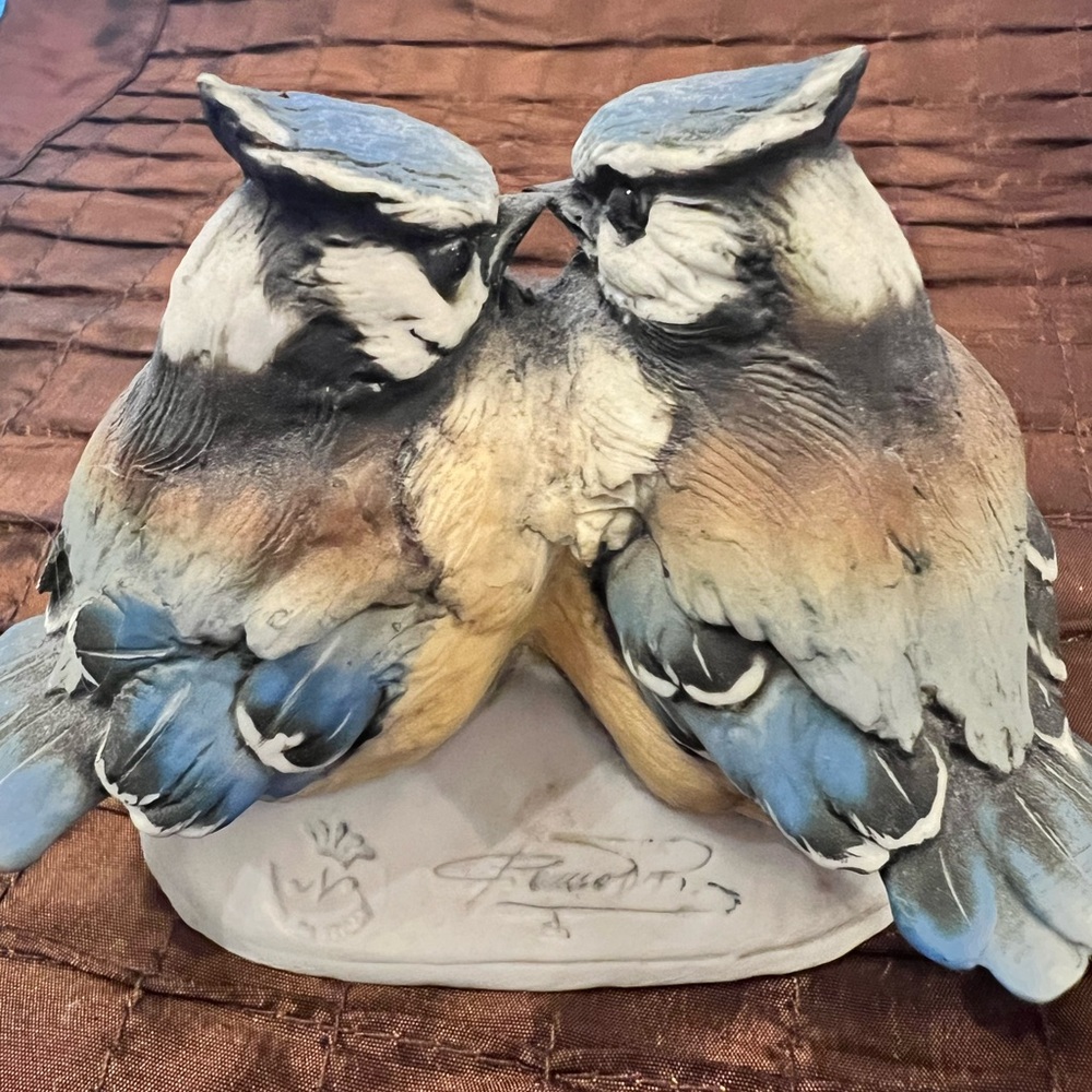 Elegant Twin Owl Sculpture with Blue and Tan Hues